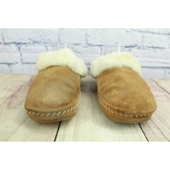 LL Bean Shoes Size 8 M Brown Suede Lamb Fur Shearling Slippers Cozy Slip-On - Picture 4 of 9